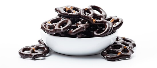 Obraz premium A white bowl is filled with salty pretzels covered in chocolate and topped with a chocolate drizzle
