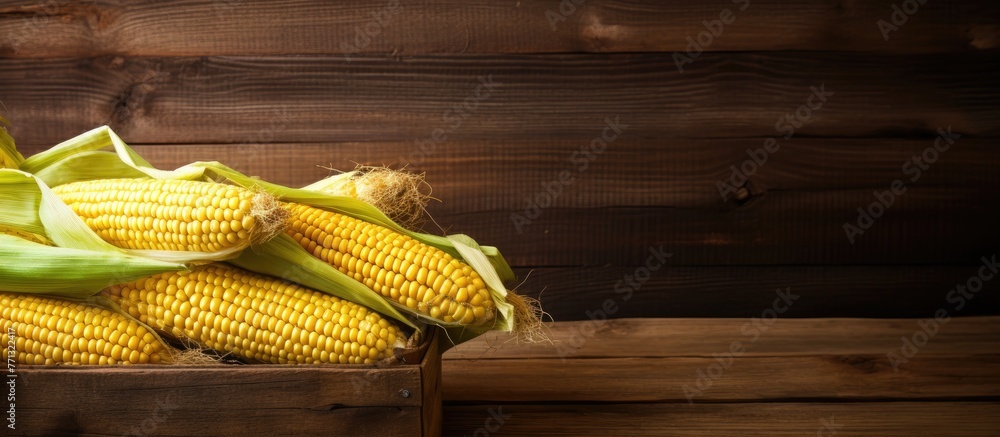 Fototapete a close up view of a wooden box overflowing with fresh corn placed on a table, showcasing ripe and g