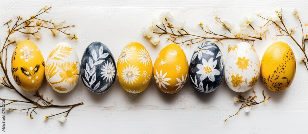 Poster easter eggs painted in various colors placed next to delicate flowers and branches on a clean white 