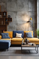 Blue and yellow modern living room interior design - obrazy, fototapety, plakaty