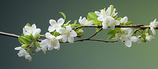 A delicate branch of a tree showcasing beautiful white flowers blooming in spring, capturing the essence of nature's beauty - Powered by Adobe