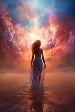 A woman standing in the middle of a surreal cloudscape with a bright light in the distance