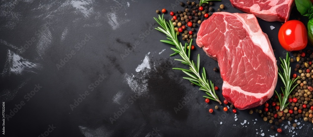Poster fresh uncooked meat placed on a dark background along with various spices and vegetables for cooking