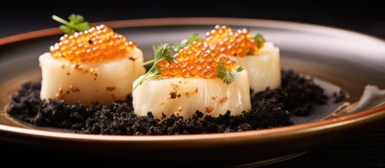 A plate with two scallops topped with luxurious caviar, a delicacy often served in fine dining seafood dishes