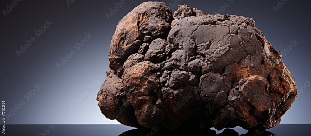 Poster a detailed close-up image of a rock placed on a reflective and shiny surface, highlighting its textu