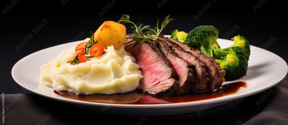 Poster A close-up view of a plate containing a serving of mashed potatoes and broccoli, creating a harmonious vegetable dish