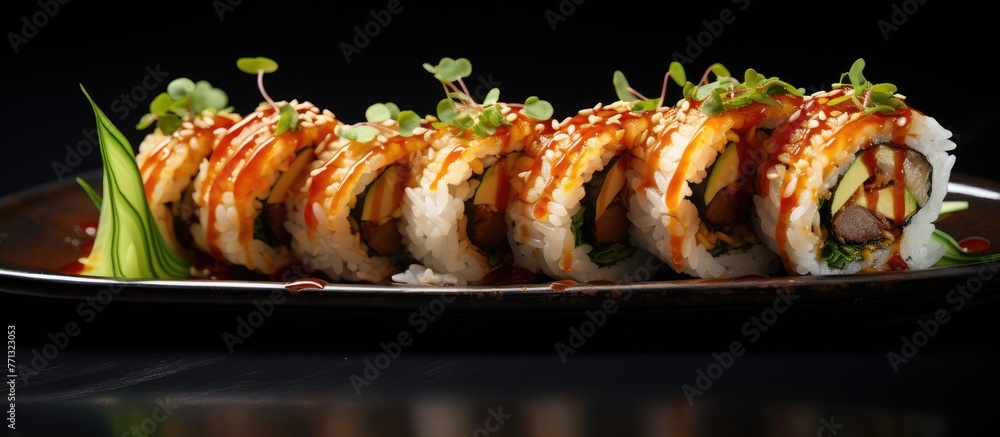 Aufkleber a close up of a plate of assorted sushi rolls with a side of sauce and fresh vegetables, served in a