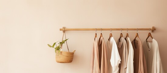 A close up of a rack filled with various clothes, wooden hangers, and a plant in a basket. The concept of home comfort and shopping is depicted in the image. - obrazy, fototapety, plakaty