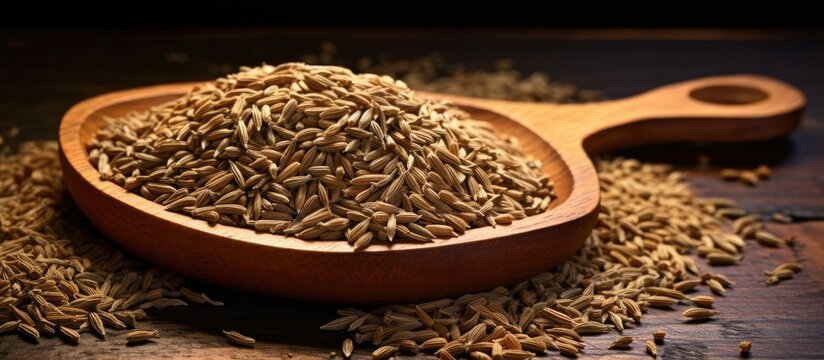 A wooden spoon is filled with raw whole dried bitter cumin seeds and placed on a wooden table
