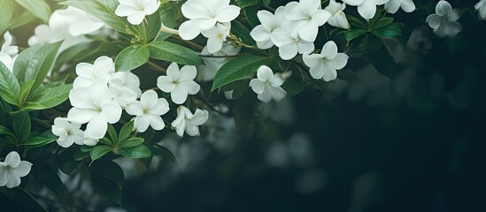 A beautiful close-up view of a delicate white flower blooming among lush green leaves in a natural setting - obrazy, fototapety, plakaty