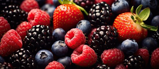 A close-up view of assorted fresh berries and vibrant raspberries in a picturesque arrangement - obrazy, fototapety, plakaty