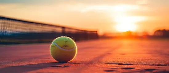 Fotobehang A vibrant tennis ball resting on the tennis court, bathed in the warm glow of the setting sun in the background © vxnaghiyev