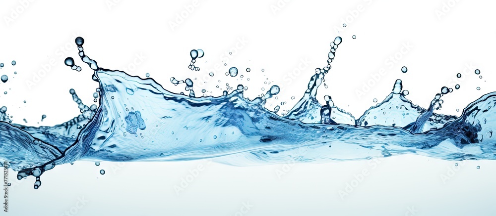 Poster a detailed view of a vibrant blue water splash showcasing tiny bubbles and a refreshing appearance