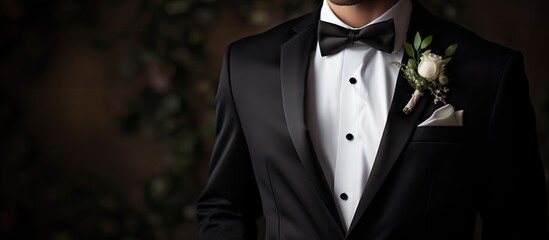 Elegant groom dressed in a wedding tuxedo costume is eagerly waiting for the bride to arrive, holding a boutonniere and a flower - obrazy, fototapety, plakaty