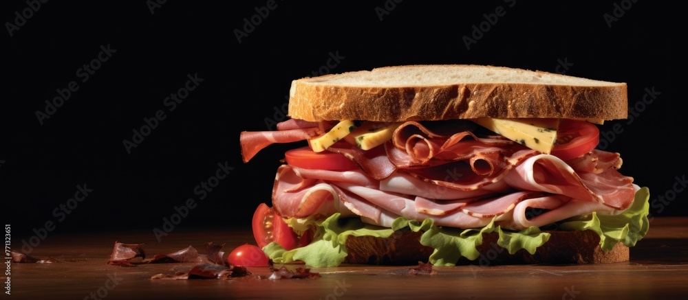 Poster a detailed view of a sandwich filled with assorted meats and fresh vegetables placed on a rustic woo