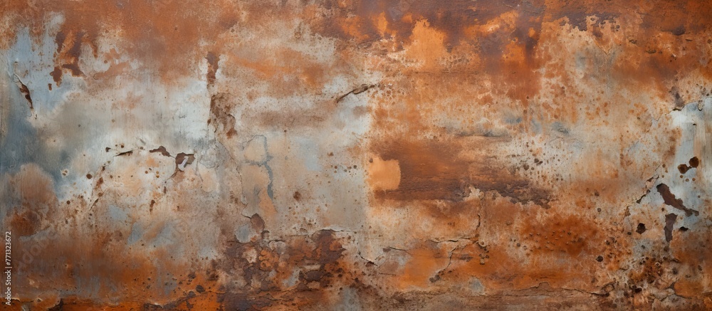 Poster Close up view of a weathered rusty metal texture showing signs of rust and aged paint, creating a textured surface