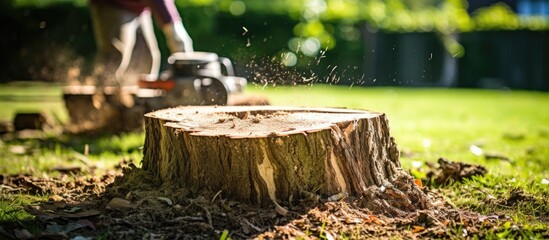 A person is actively using a chainsaw to cut a large tree stump in the process of removing it from the garden