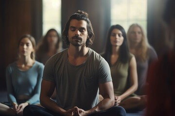 Obraz premium Teacher and students practicing yoga poses and techniques in a class.