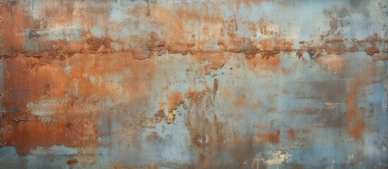 A weathered steel wall covered in rust and peeling paint, set against a clear blue sky in the background - obrazy, fototapety, plakaty