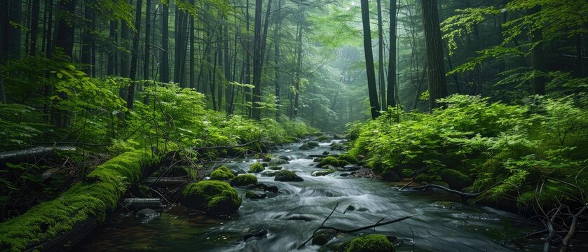 A forest with a stream running through it by AI generated image