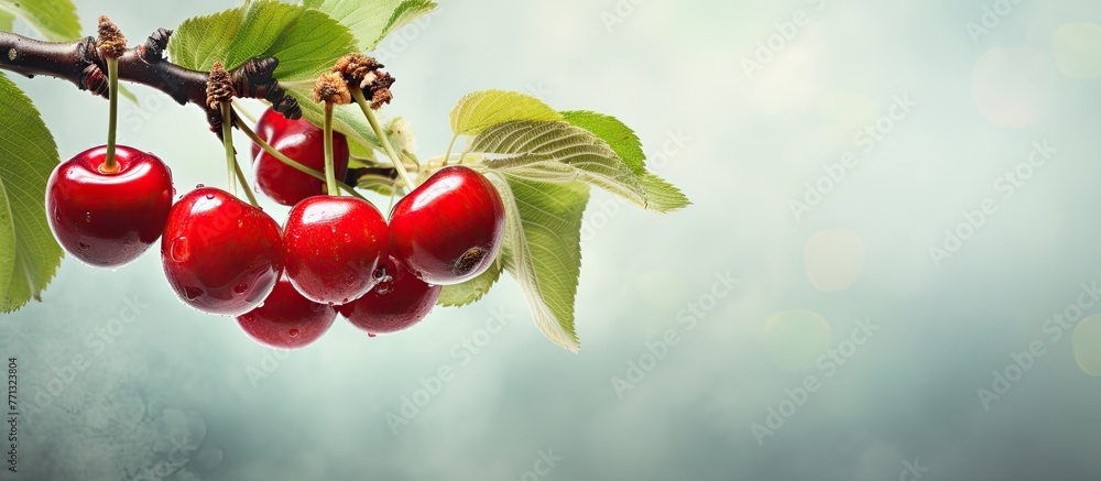 Poster ripe red cherries are attached to a tree branch covered in green leaves, creating a vibrant and natu