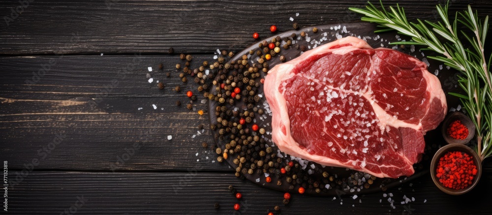 Aufkleber a delicious beef steak garnished with pepper and salt placed on a black wooden table, creating an ap
