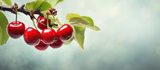 Ripe red cherries are attached to a tree branch covered in green leaves, creating a vibrant and natural scene