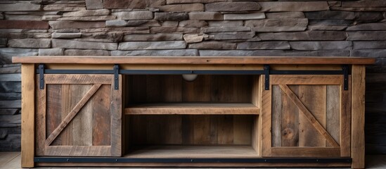 Vintage and rustic wooden TV stand with antique barn slide doors for decor and entertainment center