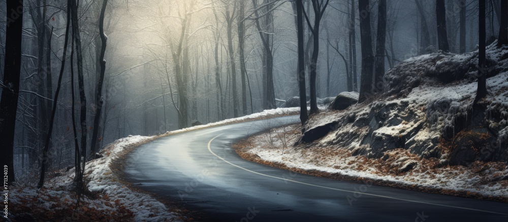 Poster a curving road winds its way through a serene winter forest blanketed in snow, with tall trees linin