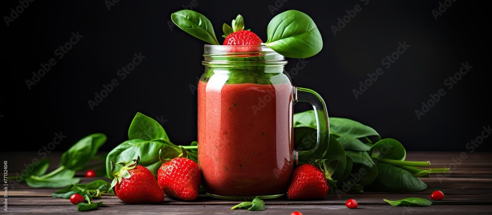 Poster a refreshing smoothie made from fresh strawberries and nutritious spinach leaves served on a rustic 