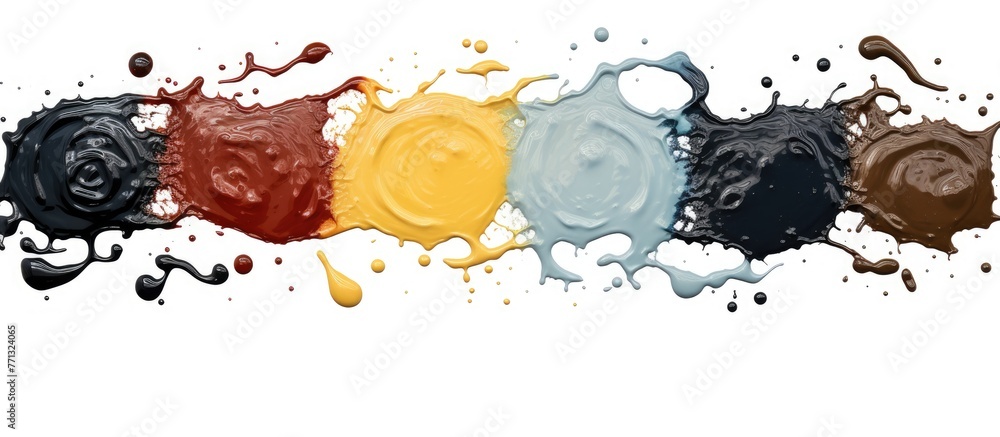 Poster various paint colors being blended together on a plain white background, creating a colorful artisti