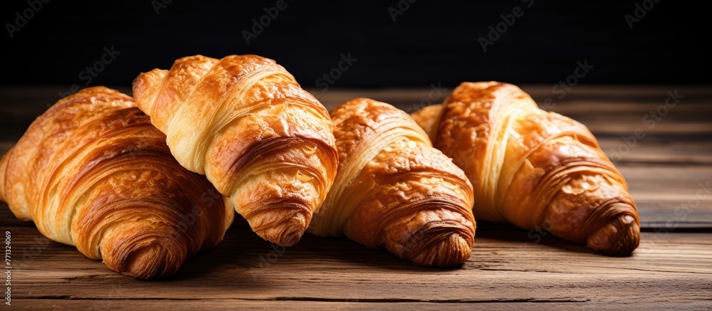 Poster three delicious croissants displayed on a rustic wooden table with a elegant black backdrop