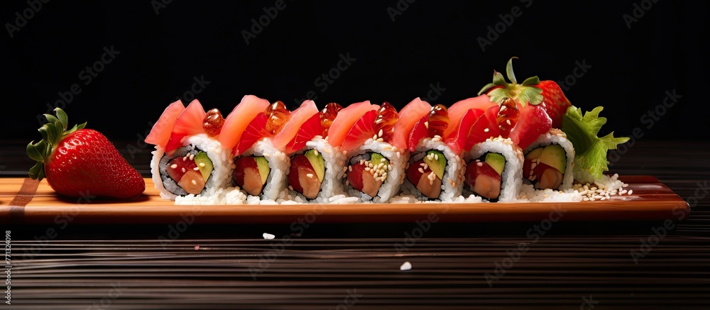 Aufkleber a detailed shot of a plate of sushi featuring a fresh strawberry on top, creating a unique and appet