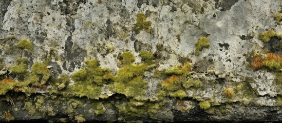 Moss visibly growing on a nearby rock highlighted by the detailed texture of lichen on a stone surface