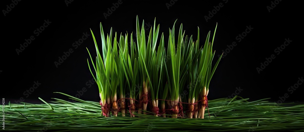 Poster lush green grass featuring striking red stems creating a vibrant and colorful close-up natural image