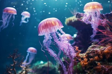 Abstract floating jellyfish in underwater world - obrazy, fototapety, plakaty