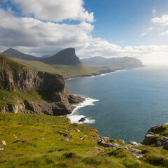 Fototapeta premium Beautiful scenic mountain view of green landscape ,cliffs and Atlantic Ocean. Hiking active day fresh summer scene
