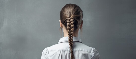 A woman is seen with a single long braid cascading down her back, adding an elegant touch to her hairstyle - obrazy, fototapety, plakaty