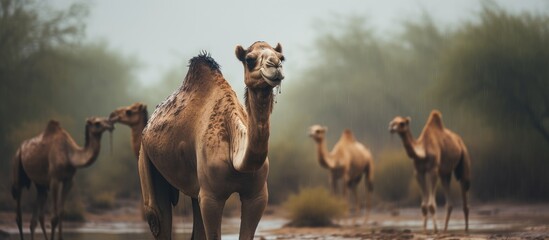 Several camels gracefully walk across the dry, sandy ground in the arid landscape under a cloudy sky - obrazy, fototapety, plakaty