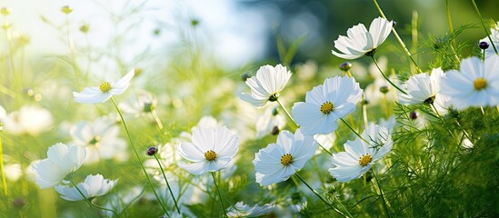 A red ladybug crawls on delicate white flowers that are scattered amongst the green grass in a natural setting.