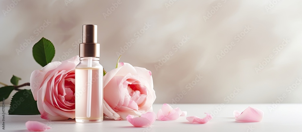 Poster a bottle of perfume placed next to a delicate pink rose on a table, creating an elegant and sweet di