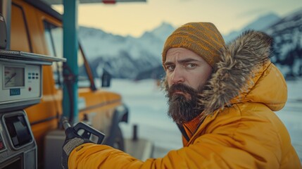 Bearded man in a yellow jacket filling up his vehicle at a gas station during winter with snowy mountains in background. - obrazy, fototapety, plakaty