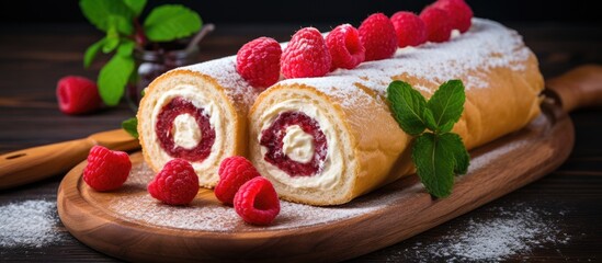 A close-up of a delicious roll cake sponge filled with cream cheese and adorned with fresh...