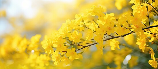 Bright yellow flowers are in full bloom on a tree branch, soaking up the warm sunlight of spring
