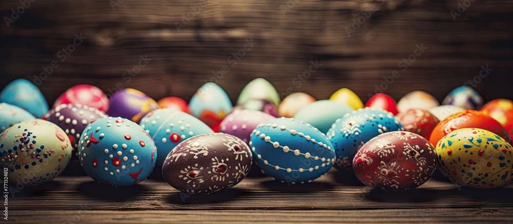 Poster a close-up vintage photo of a row of colorful painted easter eggs placed neatly on a rustic wooden t