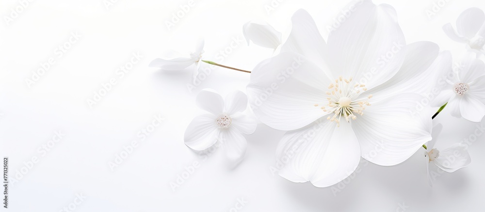 Poster a bunch of delicate white flowers arranged neatly on a background that is also pure white, creating 