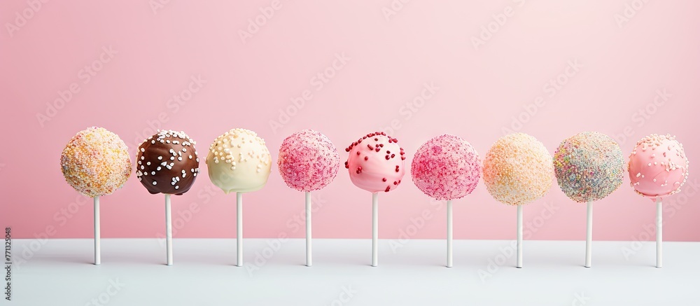 Poster assorted and delectable cake pops in different flavors and colors arranged neatly on a vibrant pink 