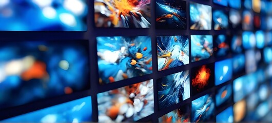 Abstract multimedia background with various channel images, web streaming, and tv video technology. Generated AI
