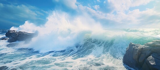 Naklejka premium Wave breaks against the rocks, sending sprays of water into the stormy blue sea, creating a breathtaking seascape