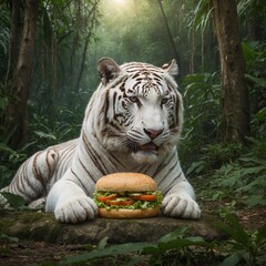 A white tiger eating burger in jungle